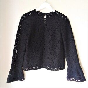 Zara Woman Top Black Crochet Lace Bell Sleeve Pop Over Blouse Womens Small